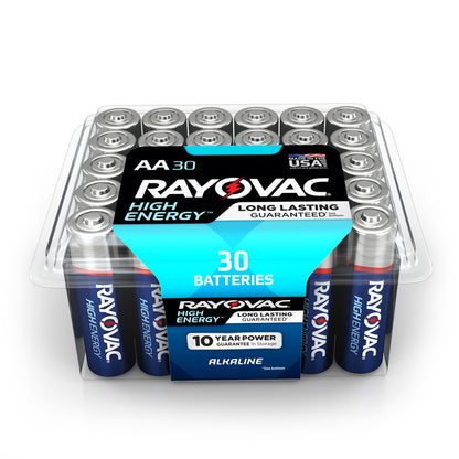 Emery Jensen alkaline AA30PK batteries showing the packaging with multiple AA alkaline batteries in a clear display