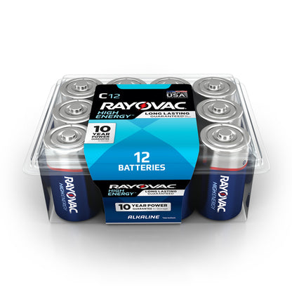 Emery Jensen 12-pack of alkaline batteries with C size, suitable for household devices and electronics.