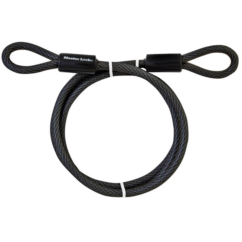 Steel cable with vinyl coating, 3/8 inch by 6 feet, for securing purposes, by Emery Jensen.