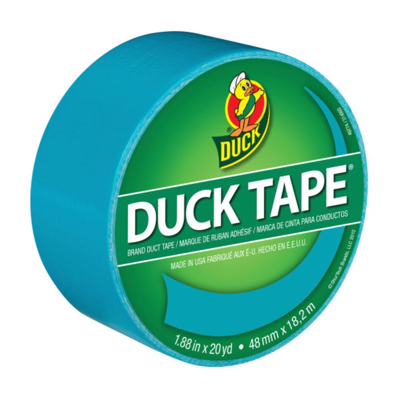 Aqua-colored Emery Jensen all-purpose duct tape rolled out, showing the 20-yard length and durable adhesive surface.