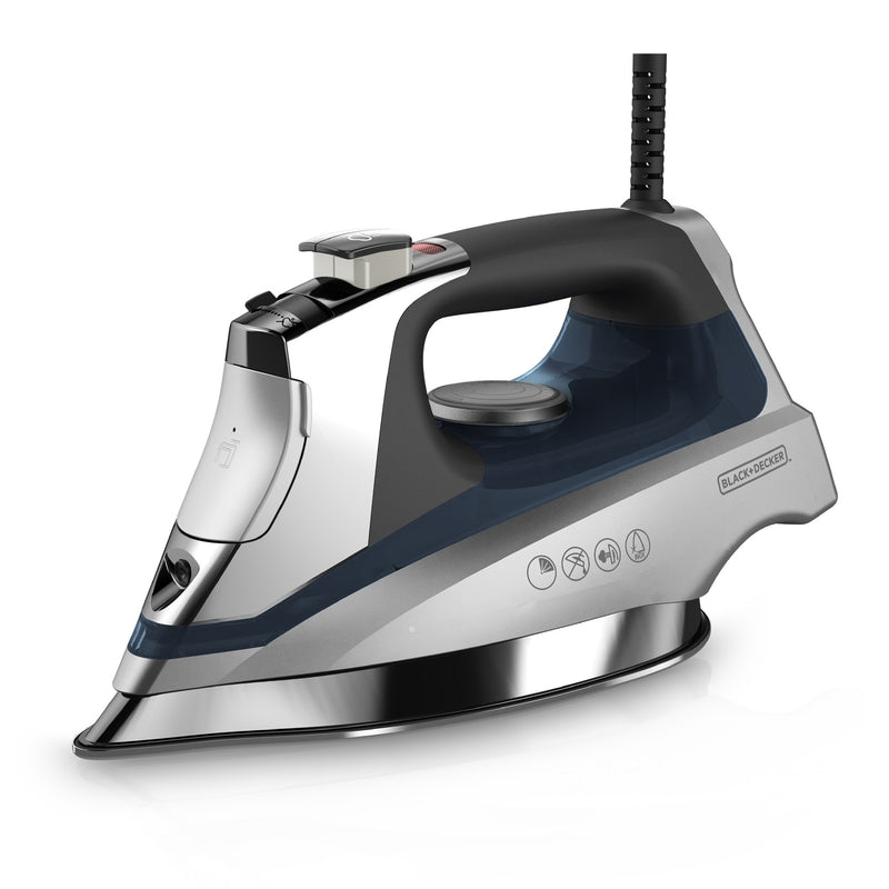 Emery Jensen steam iron with blue finish, 11.4 inches tall, designed for all iron types, shown on a flat surface.
