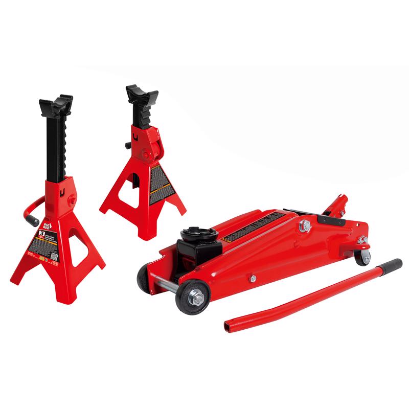 Black and red Emery Jensen All Jacks floor jack with a 3-ton capacity, shown in a close-up image.