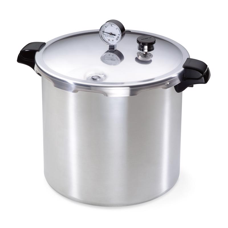 Emery Jensen 23QT all pressure cooker and canner with stainless steel body and sturdy handles for home food preservation.