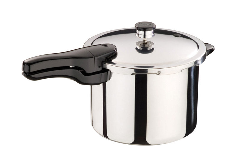 Emery Jensen 6QT stainless steel pressure cooker, part of all pressure cookers collection, with handles and lid securely in place.