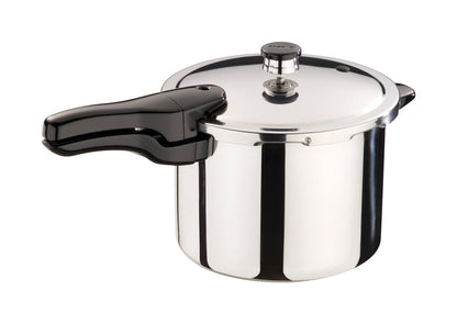 Emery Jensen 6QT stainless steel pressure cooker, part of all pressure cookers collection, with handles and lid securely in place.