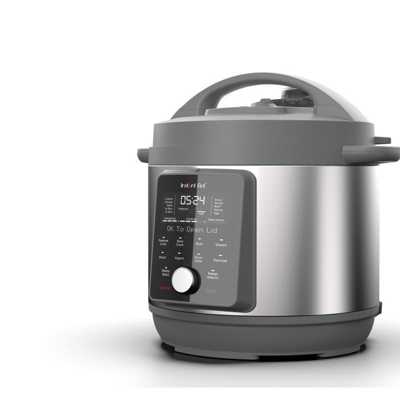 Emery Jensen all-pressure cooker, Pres CKR Duo Black and Silver 6 Qt, with stainless steel construction and secure lid.