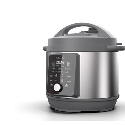 Emery Jensen all-pressure cooker, Pres CKR Duo in black and silver, 8-quart size, with stainless steel lid and handles.
