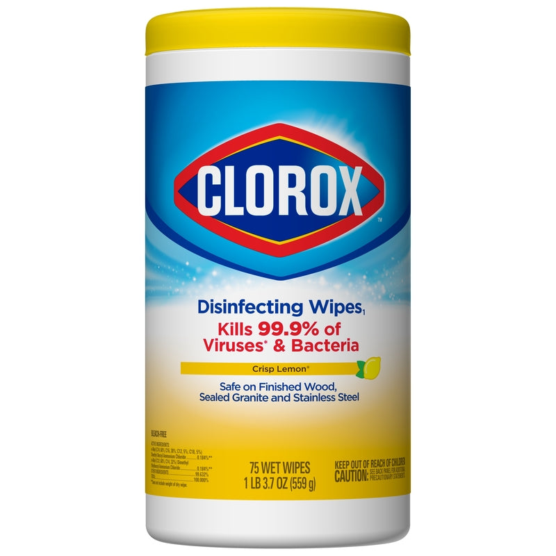 Emery Jensen Clorox Lemon All Purpose Cleaners Wipes 75-pack, disposable cleaning wipes with lemon scent for versatile surface cleaning.