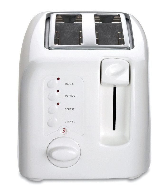 White Emery Jensen all standard toaster with two slots, featuring a sleek design and adjustable browning control.