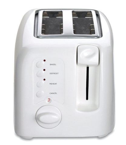 White Emery Jensen all standard toaster with two slots, featuring a sleek design and adjustable browning control.