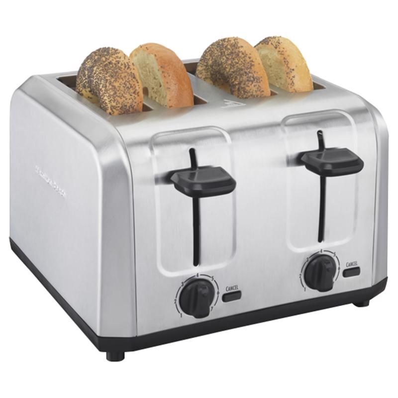 Silver Emery Jensen 4-slot toaster with four slots, sleek design, and standard features for toasting bread and pastries.
