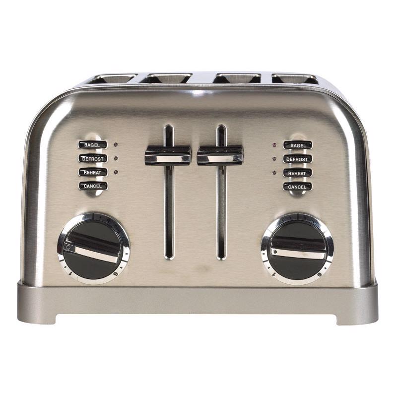 Emery Jensen stainless steel 4-slice standard toaster with modern silver finish, featuring control buttons and adjustable browning.