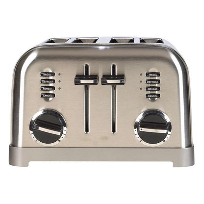 Emery Jensen stainless steel 4-slice standard toaster with modern silver finish, featuring control buttons and adjustable browning.
