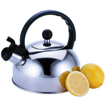 Emery Jensen 2.5-quart tea kettle from the All Teakettles collection, with a classic stainless steel design and a black handle.