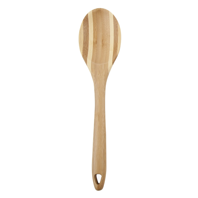 Beige bamboo spoon from Emery Jensen's all-wood utensils collection, 12 inches long, with a smooth handle and rounded scoop.