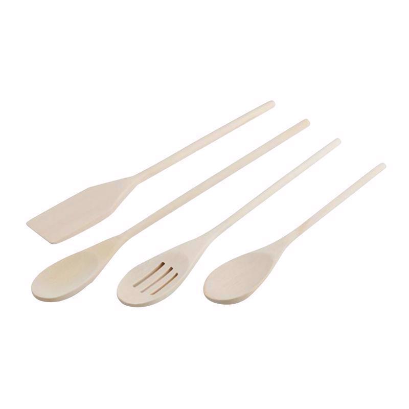 Beige all-wood spoons from Emery Jensen, showcasing natural wooden texture and smooth rounded handles.
