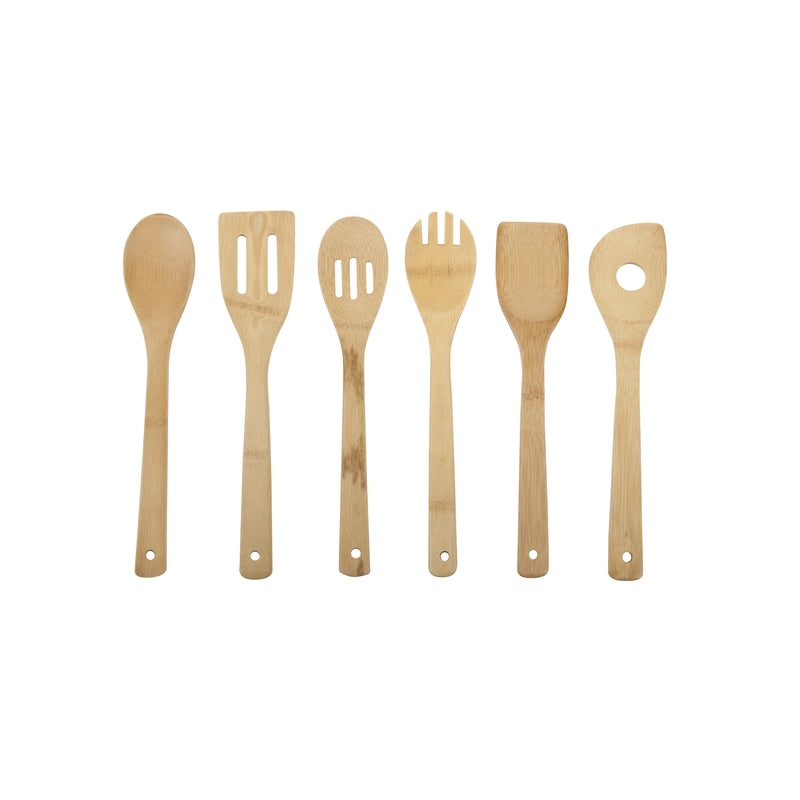 Emery Jensen 6-piece all-wood bamboo utensil set including spoons, spatulas, and stirring tools for cooking and serving.
