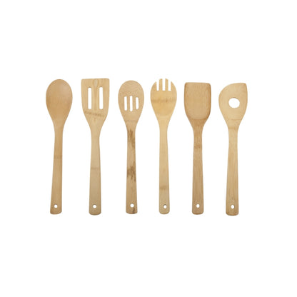Emery Jensen 6-piece all-wood bamboo utensil set including spoons, spatulas, and stirring tools for cooking and serving.
