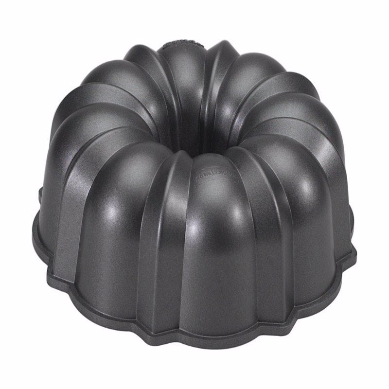 Black aluminum bundt pan by Emery Jensen, durable bakeware ideal for baking cakes and desserts.