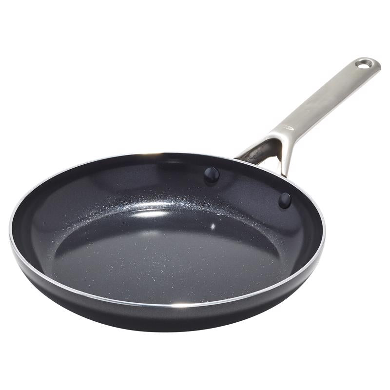 Black 10-inch aluminum fry pan by Emery Jensen, shows a non-stick surface, sturdy handle, ideal for cooking on stovetops.