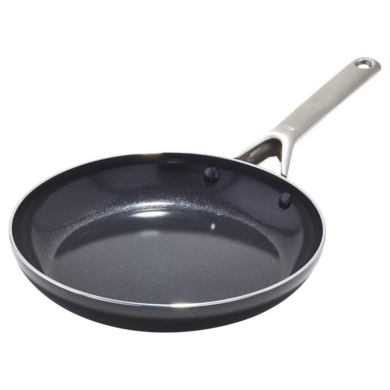 Black 12-inch aluminum fry pan by Emery Jensen, showcasing a non-stick cooking surface and sturdy handle for versatile use.
