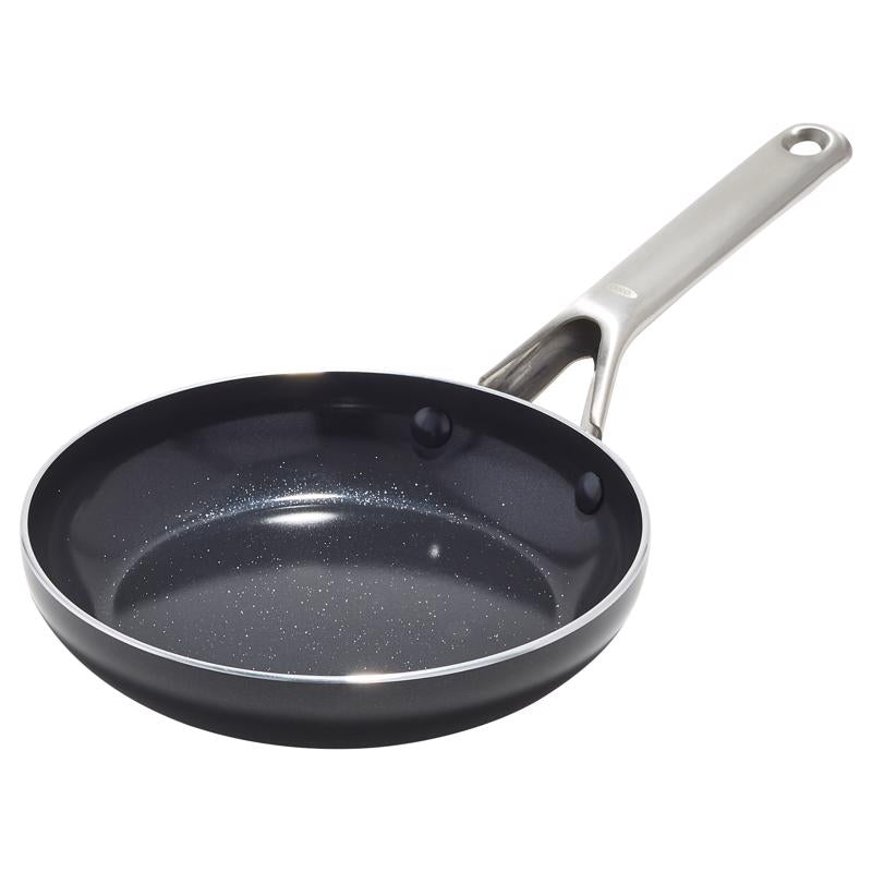 Black 8-inch aluminum fry pan by Emery Jensen, 1-piece cookware with a non-stick surface and ergonomic handle.