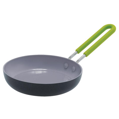 Black 5-inch aluminum mini fry pan by Emery Jensen, perfect for small cooking tasks and easy to handle.