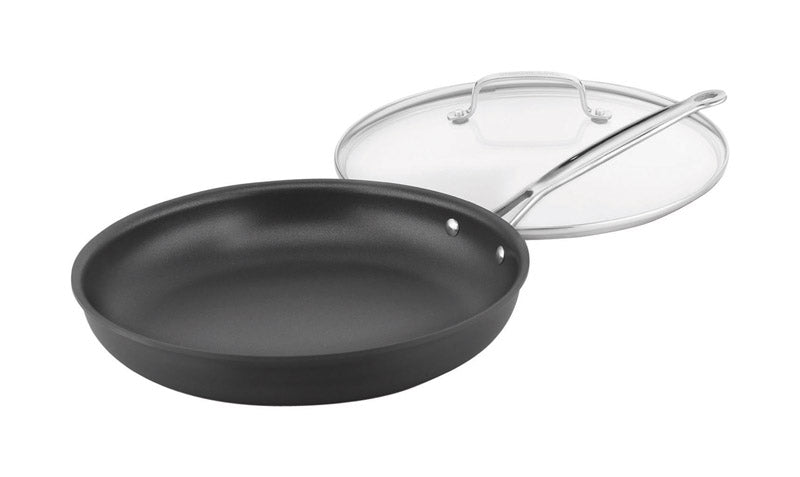Emery Jensen 12-inch aluminum nonstick skillet with a black handle, ideal for cooking various meals.