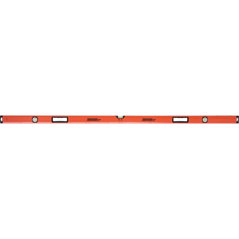 Two Emery Jensen 72-inch aluminum box levels with three vials each, used for precise leveling and measuring in construction.
