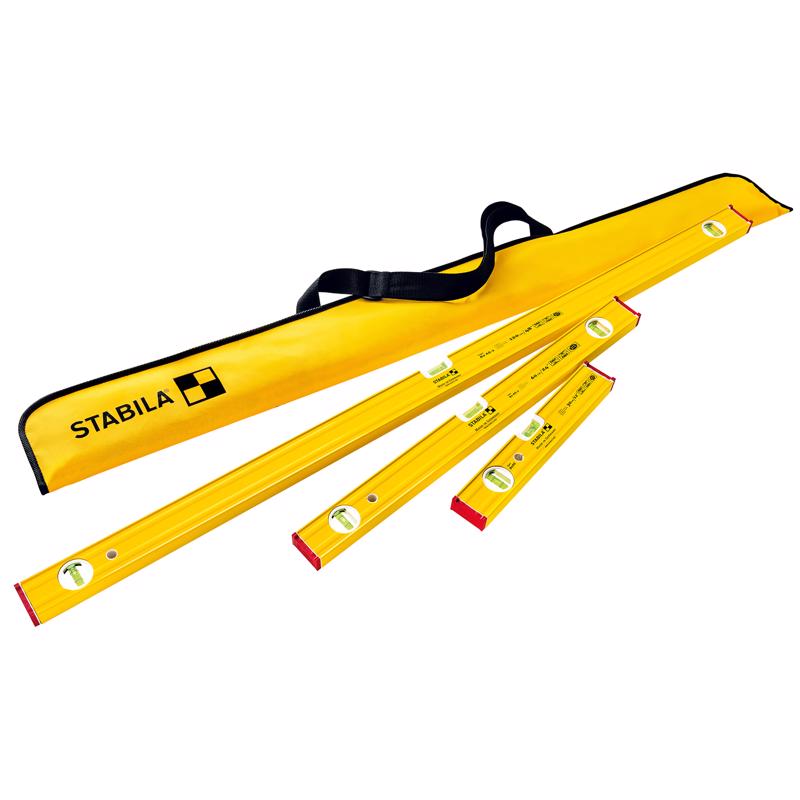 Three-piece yellow aluminum level set by Emery Jensen with durable construction and multiple bubble vials for accurate leveling.