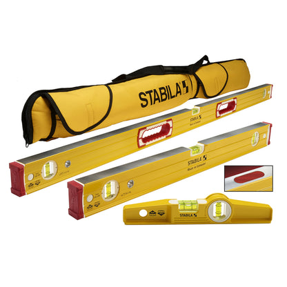 Emery Jensen yellow aluminum level set with three precision spirit levels for accurate measuring and leveling.