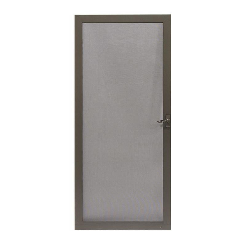 Emery Jensen 32-inch brown aluminum screen door hanging on a doorway, showing the screen mesh and frame detail.