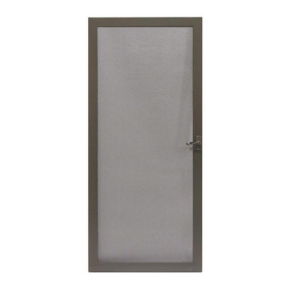 Emery Jensen 32-inch brown aluminum screen door hanging on a doorway, showing the screen mesh and frame detail.