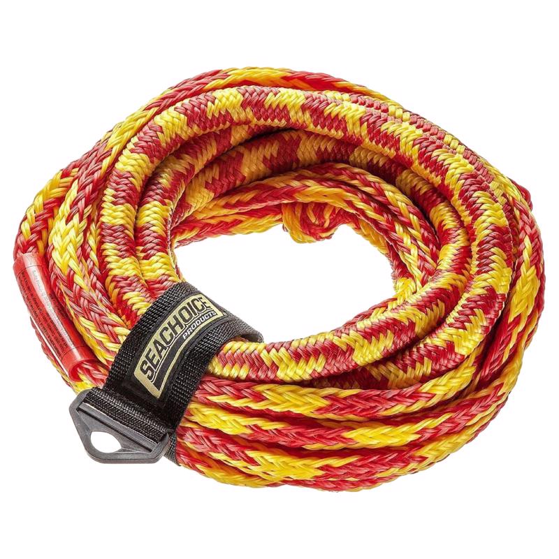 Emery Jensen yellow 50-foot rope with anchors and chain for marine or boating use, shown coiled on a flat surface.