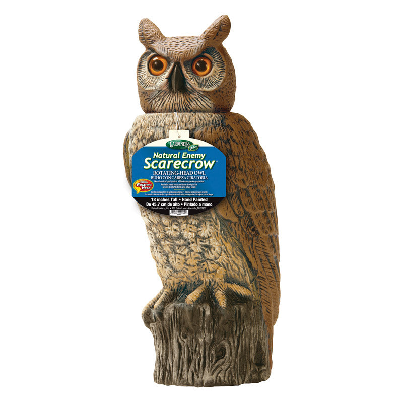 Emery Jensen 18-inch owl decoy for rodent and animal repellent, featuring realistic details to scare pests away.