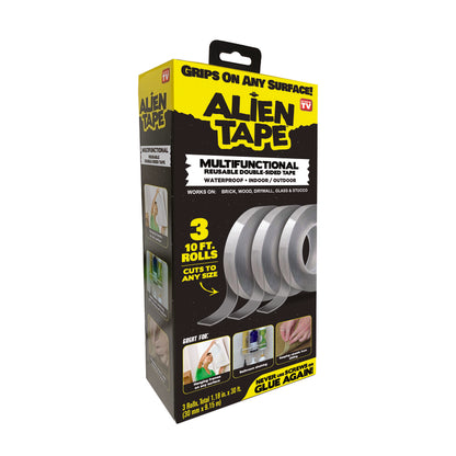 Emery Jensen Alien Tape Clear 3-pack, versatile adhesive tape shown in a retail display with transparent sheets and packaging.
