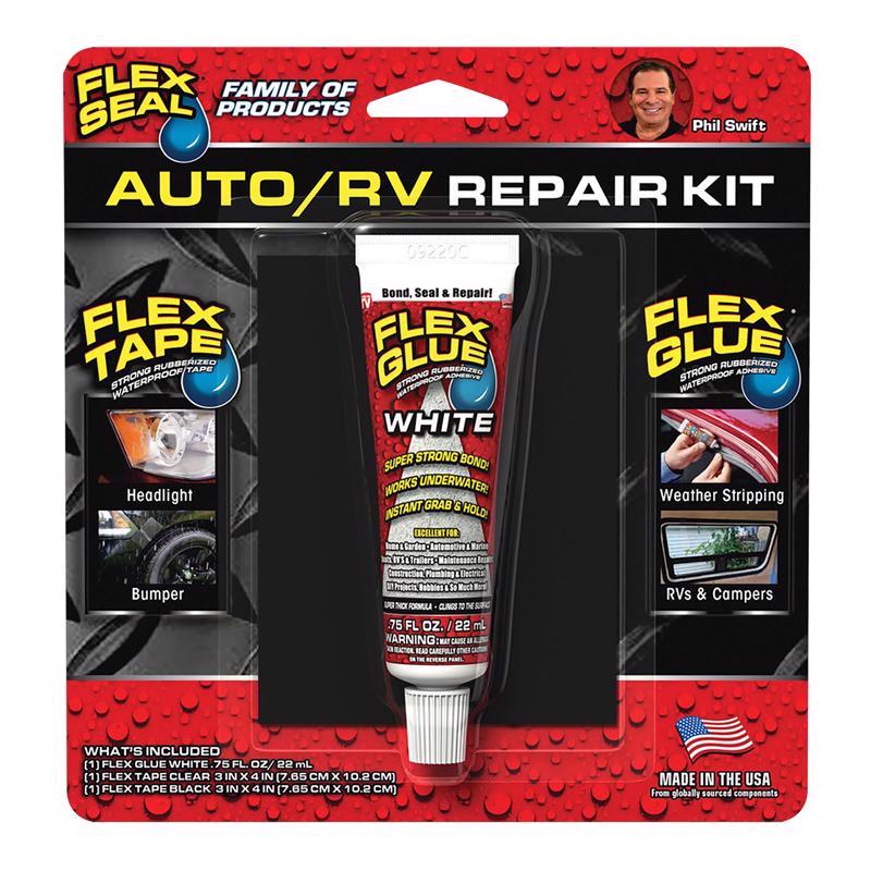 Emery Jensen auto and RV repair kit with assorted tools and supplies for quick repairs, as seen in the image.