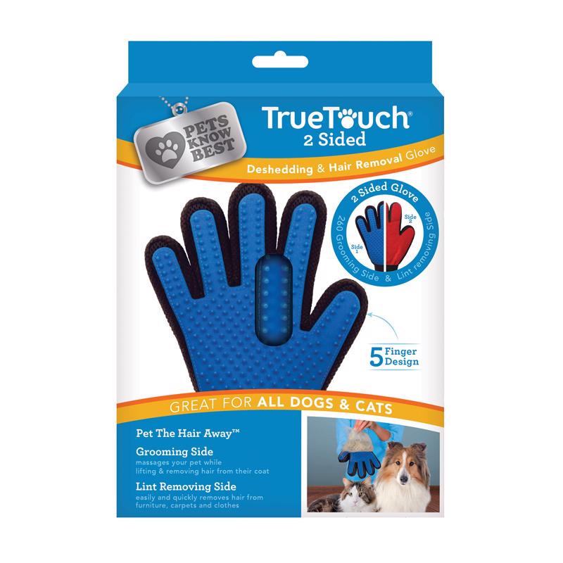 Emery Jensen deshedding glove for pets, showing hand wearing the glove with pet fur removal, as seen on TV pet grooming product.