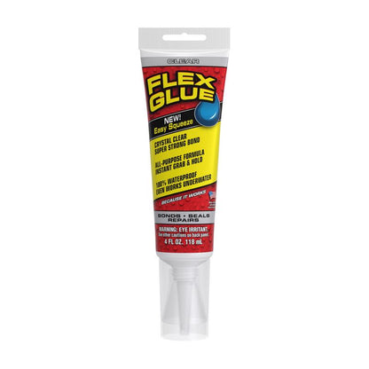 Clear FLEX GLUE by Emery Jensen in a 4oz bottle, as seen on TV, perfect for strong, transparent bonding of various materials.