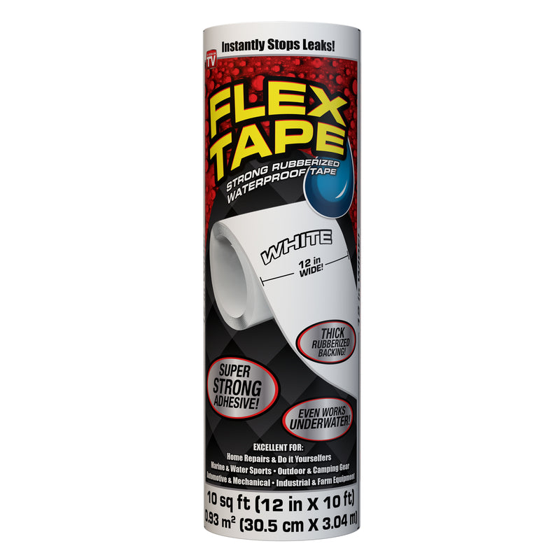 White FLEX TAPE by Emery Jensen, 12x10 inches, flexible waterproof repair tape shown on a surface for sealing and patching.