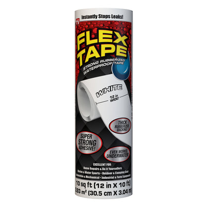 White FLEX TAPE by Emery Jensen, 12x10 inches, flexible waterproof repair tape shown on a surface for sealing and patching.