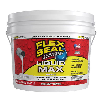 Emery Jensen FLEXSEAL liquid waterproof sealant in white, 2.5-gallon container, as seen on TV product for sealing and repairs.