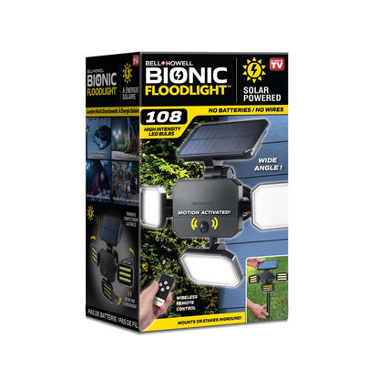 Emery Jensen solar-powered LED floodlight, outdoor security light with bright illumination and adjustable design.