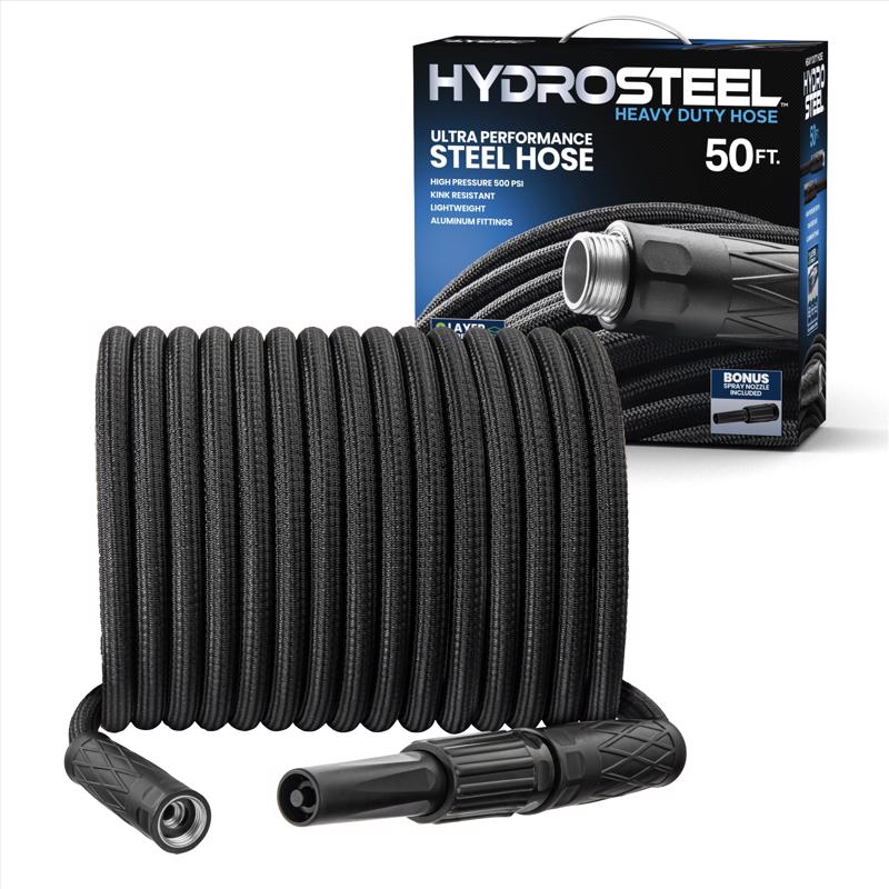 Emery Jensen 50-foot stainless steel garden hose, black, flexible and durable, suitable for outdoor watering and gardening tasks.