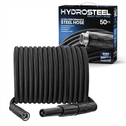 Emery Jensen 50-foot stainless steel garden hose, black, flexible and durable, suitable for outdoor watering and gardening tasks.