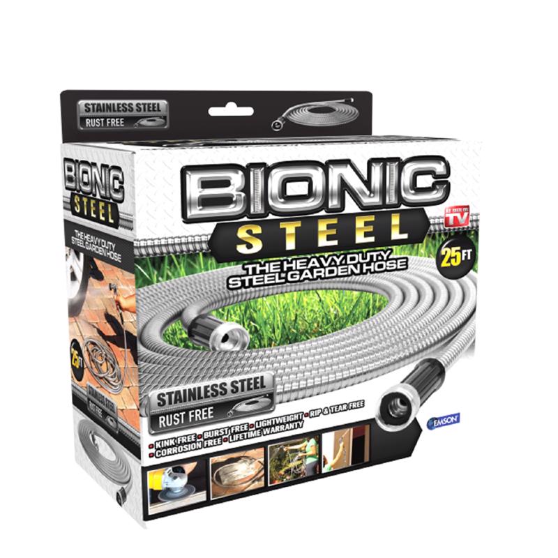 Emery Jensen 25-foot stainless steel garden hose, as seen on TV, showcasing durable, flexible design for outdoor watering.