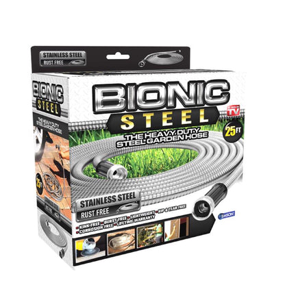 Emery Jensen 25-foot stainless steel garden hose, as seen on TV, showcasing durable, flexible design for outdoor watering.
