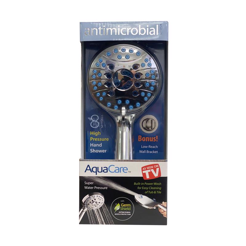 Emery Jensen handheld shower head in stainless steel finish, as seen on TV, with adjustable spray settings.