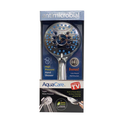 Emery Jensen handheld shower head in stainless steel finish, as seen on TV, with adjustable spray settings.