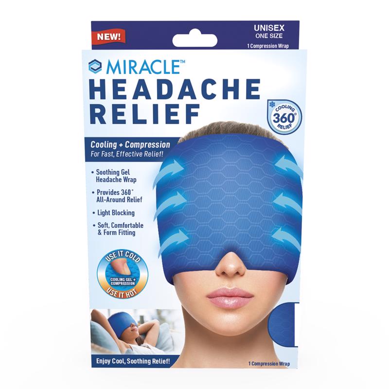 Blue Emery Jensen headache relief wrap, shown on a person’s head in a close-up image, designed to ease headache pain.